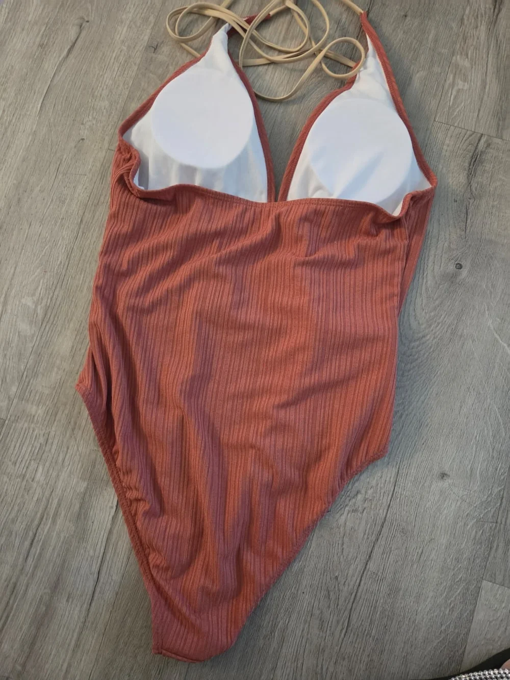SHEIN Ribbed Rust-Tone One-Piece Swimsuit with Wrap Detail. Plus Size